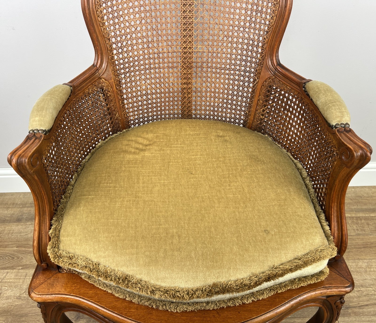 Armchair Vintage French Style Cane Upholstered Accent Carved Chair LOT 63116