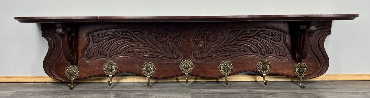 French Vintage Coat Rack Oak 7 Hooks Ornate Wall Shelf Carved Coat LOT 3885