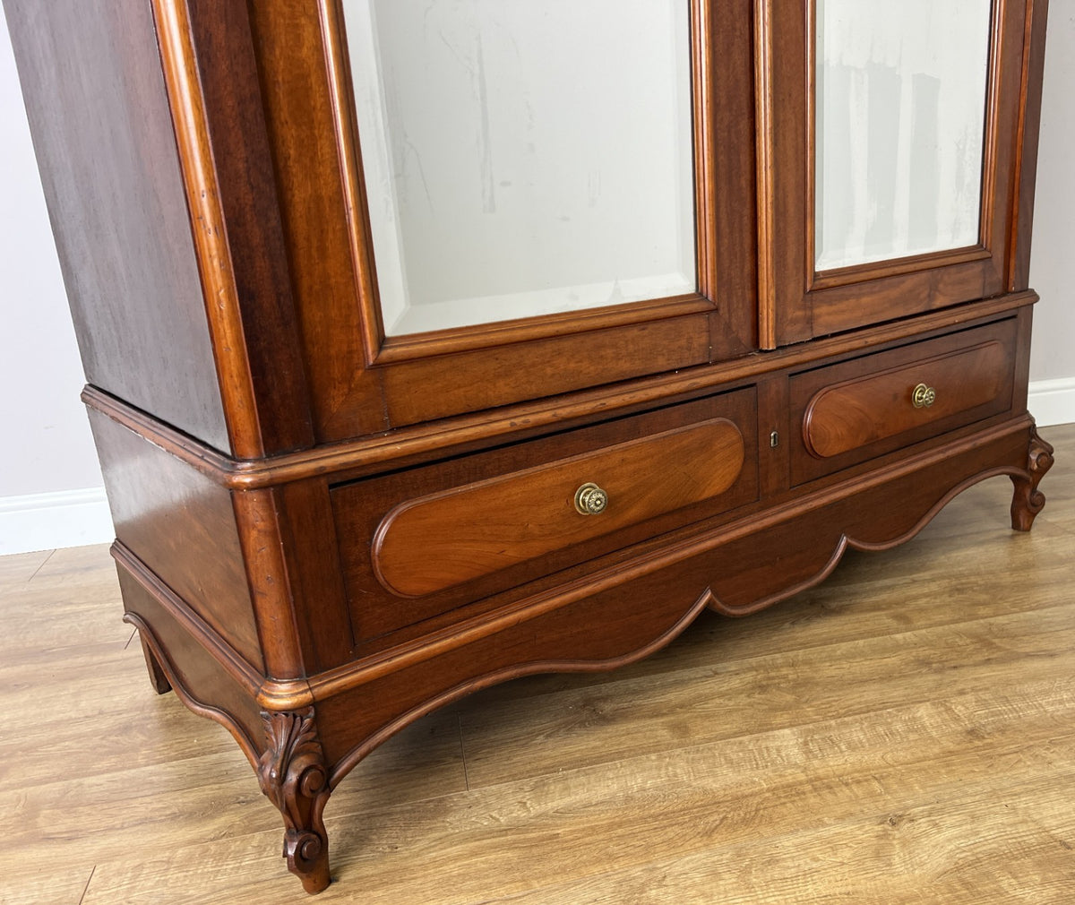 Wardrobe Antique French Style Walnut Mirrored Two Door Carved Armoire LOT 6538