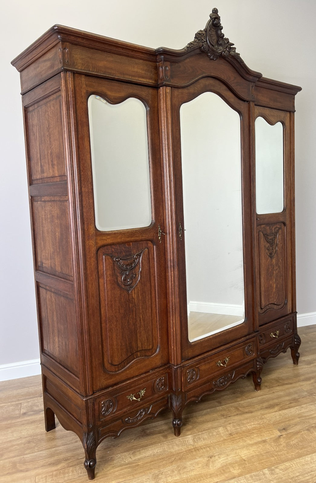 Wardrobe Antique French Rocaille Oak Three Door Carved Mirrored Armoire LOT 48430