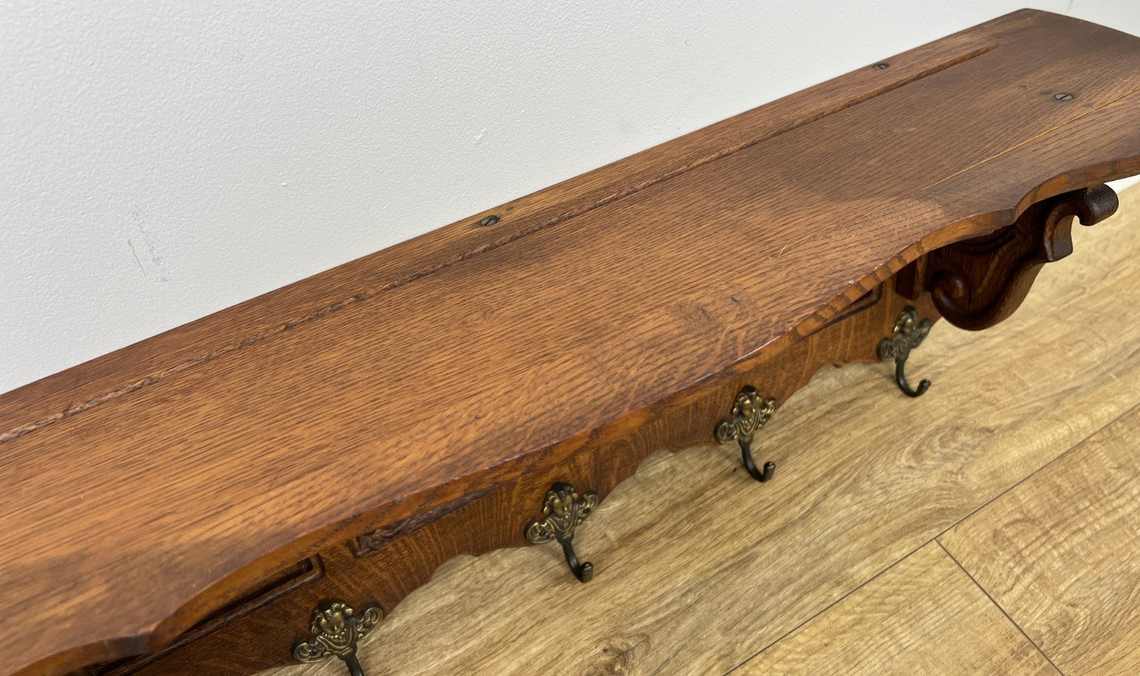 Coat Rack Vintage French Oak Wall Mounted 5 Hooks Carved Rack Hanger LOT 63038