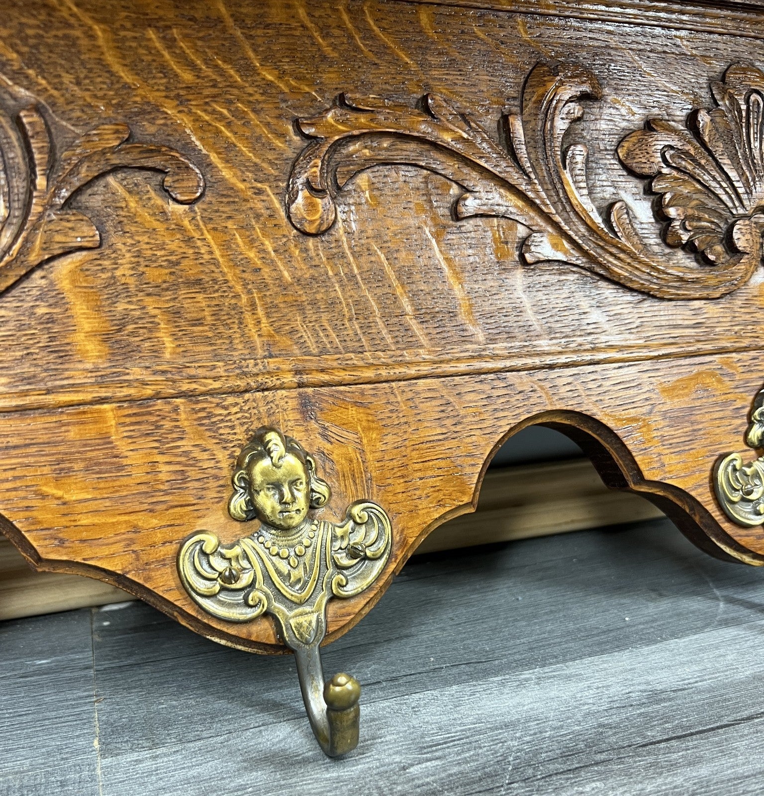 French Vintage Coat Rack Oak 5 Hooks Wall Shelf Carved Coat Hanger LOT 44355