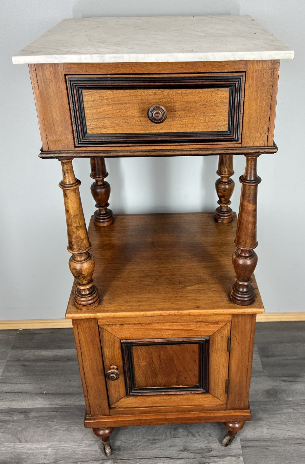 Bedside Table Antique French Style Marble Top Walnut Cupboard Cabinet LOT 40430
