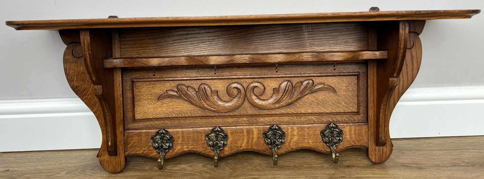 French Vintage Coat Rack Oak 4 Hooks Wall Shelf Carved Coat Hanger LOT 49071