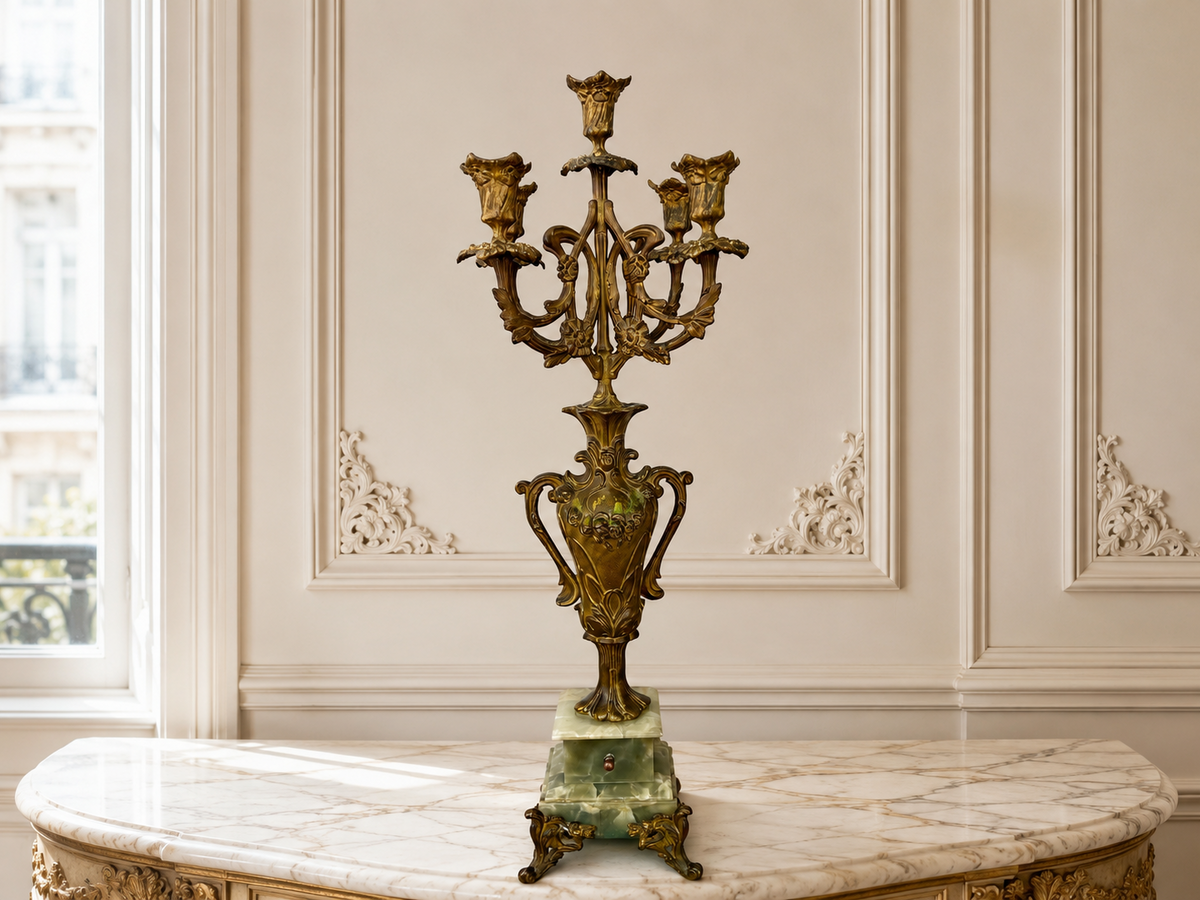 Candelabra Antique French Style Brass Marble Five Arm Candle Holder LOT 6488