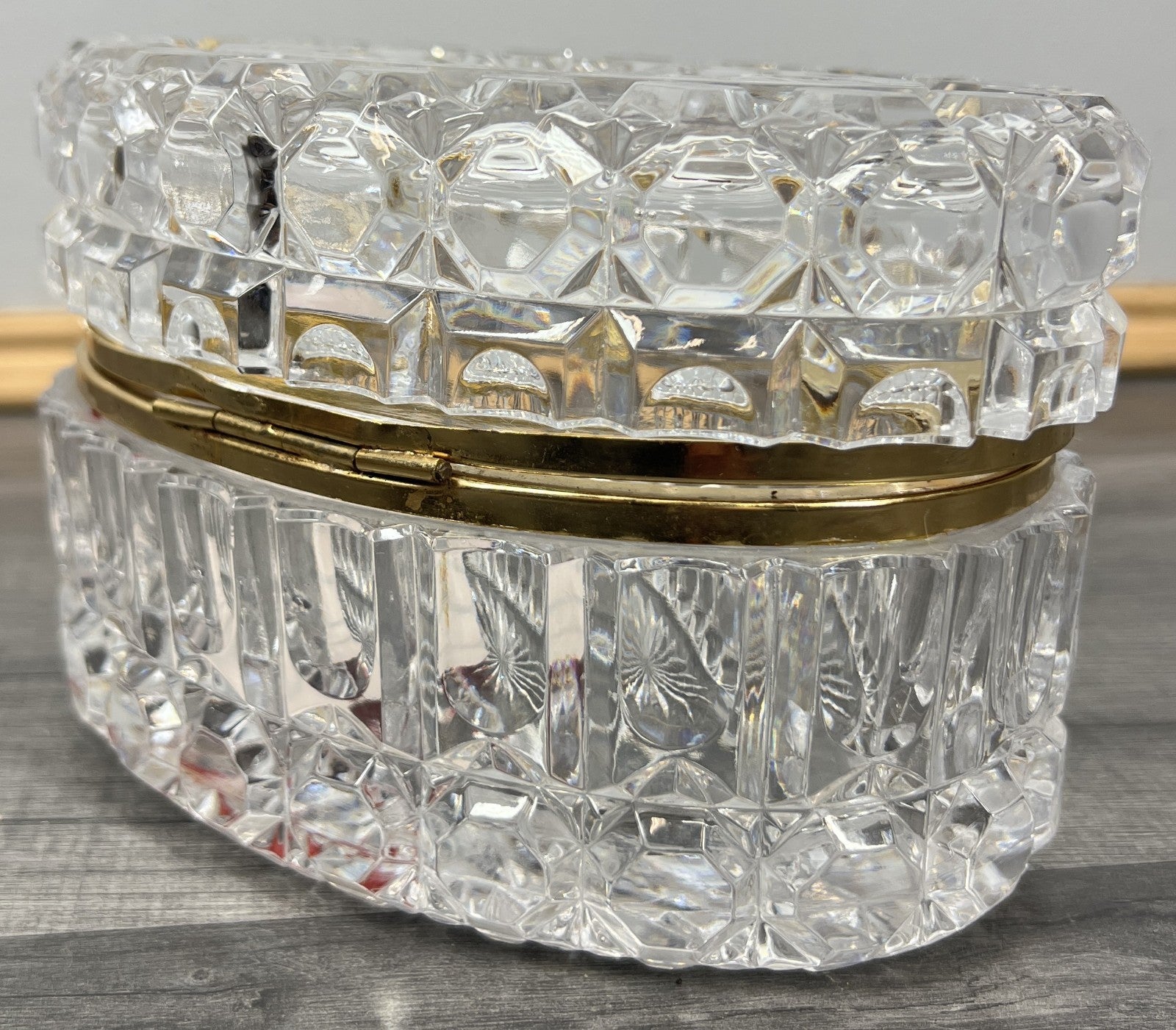 Vintage French Crystal Box Cut Glass with Brass Trim Oval Trinket Dish LOT 44122