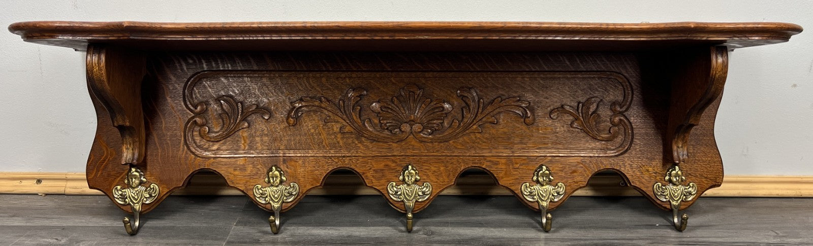 French Vintage Coat Rack Oak 5 Hooks Wall Shelf Carved Coat Hanger LOT 44353