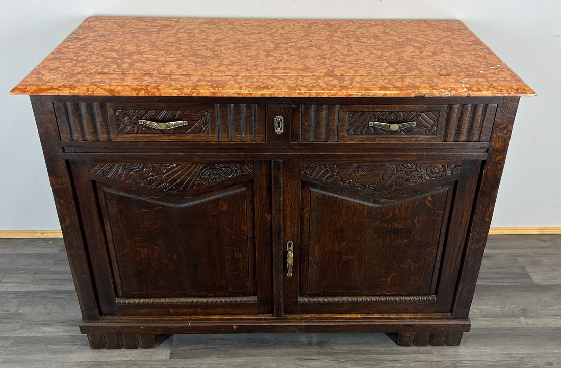 Sideboard Antique French Oak Marble Top Carved Two Door Cabinet LOT 22270