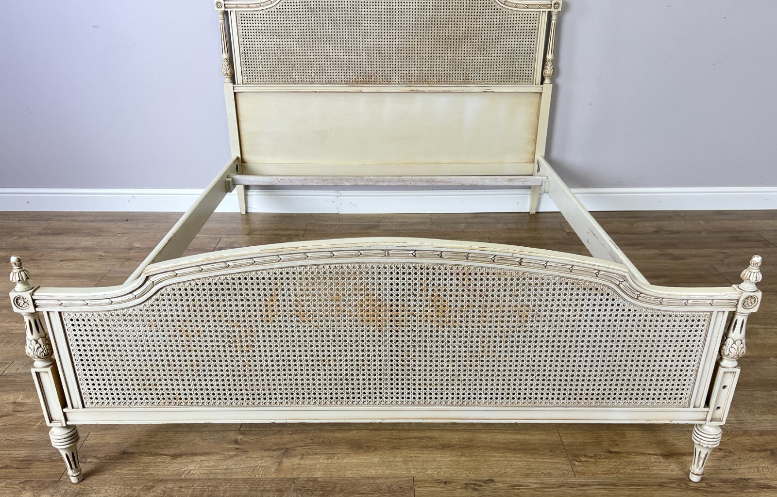 Bed Vintage French King Size Bed Frame Cane Panel Carved Headboard LOT 64102