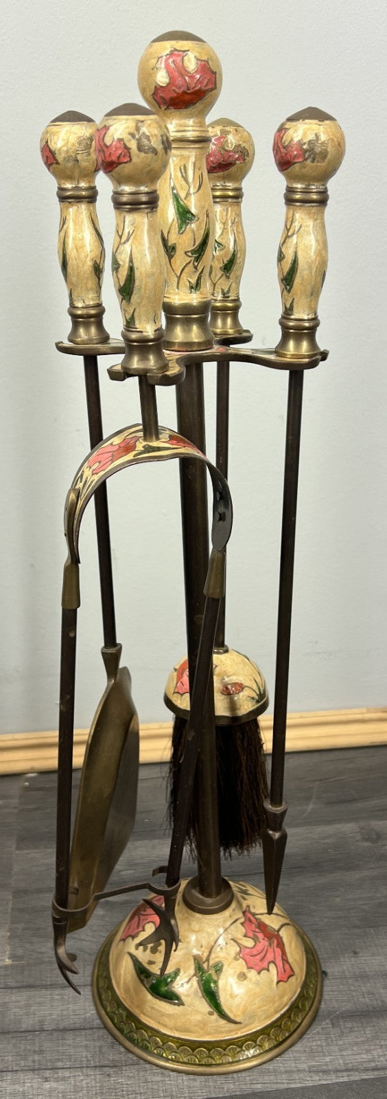 Fireplace Set Vintage French Hand Painted 5-Piece Brass Tool Stand LOT 44160