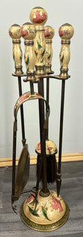 Fireplace Set Vintage French Hand Painted 5-Piece Brass Tool Stand LOT 44160