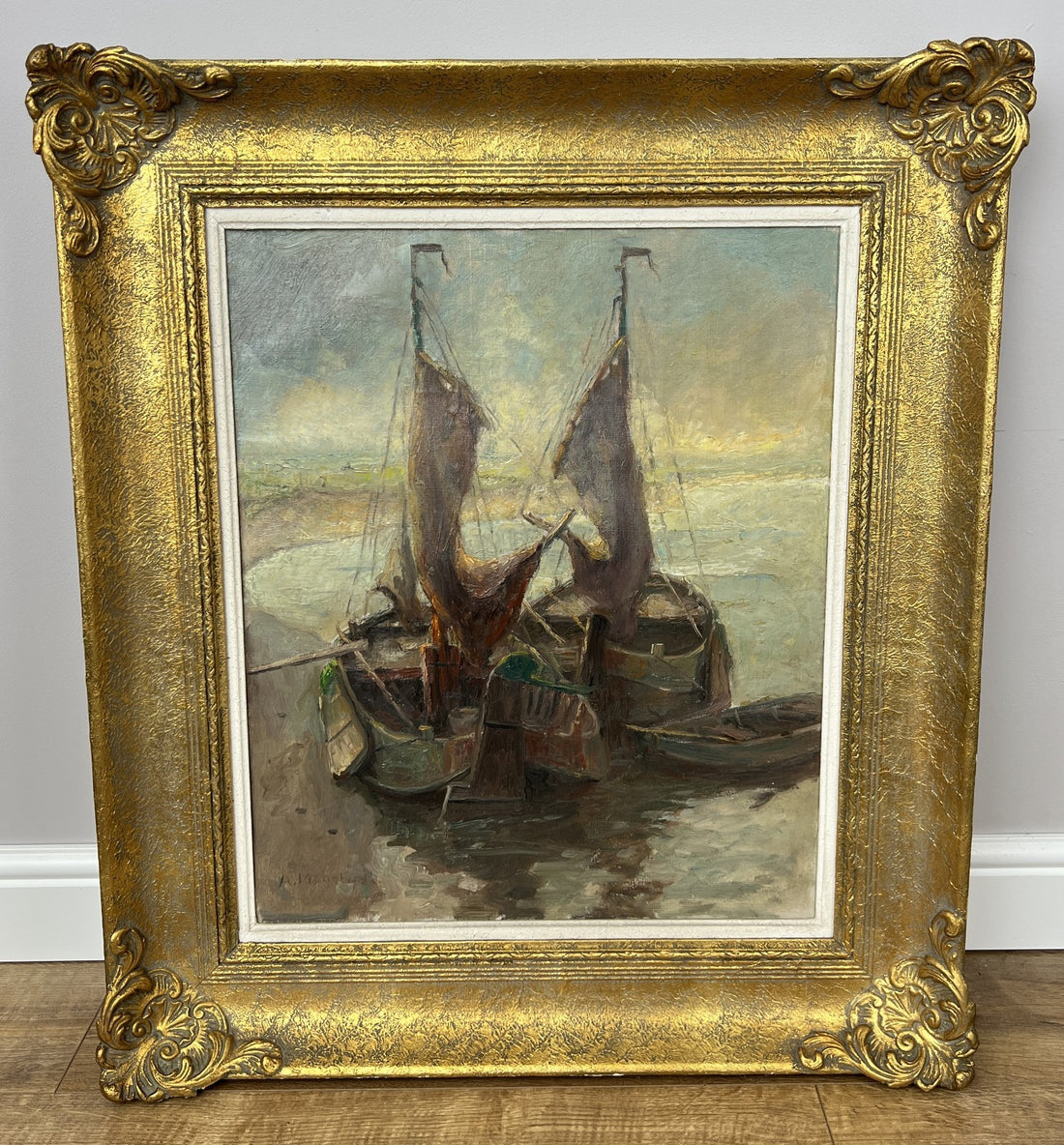 Oil Painting Vintage French Style Signed Coastal Boats Artwork Framed LOT 49420