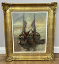 Oil Painting Vintage French Style Signed Coastal Boats Artwork Framed LOT 49420