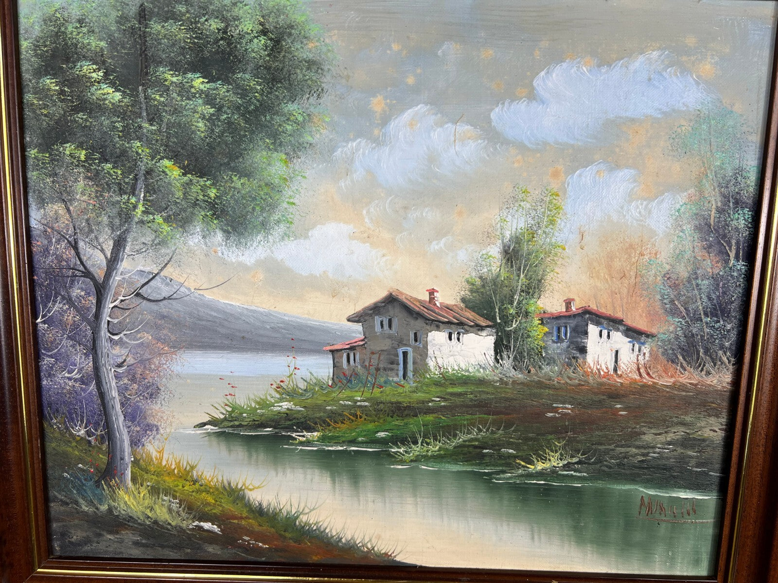 Vintage French Oil Painting Lake Mountain Scene Signed Framed Art LOT 50515