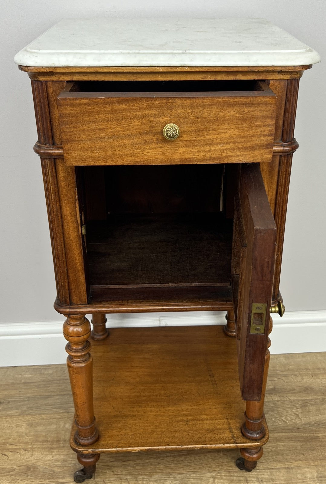 Bedside Table Antique French Style Marble Top Walnut Cabinet Nightstand LOT 624214