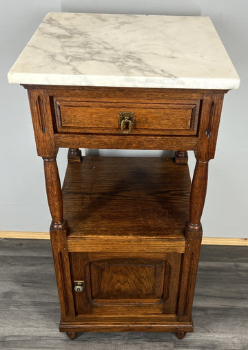 Bedside Table Antique French Oak with Marble Top Carved Cabinet LOT 43360