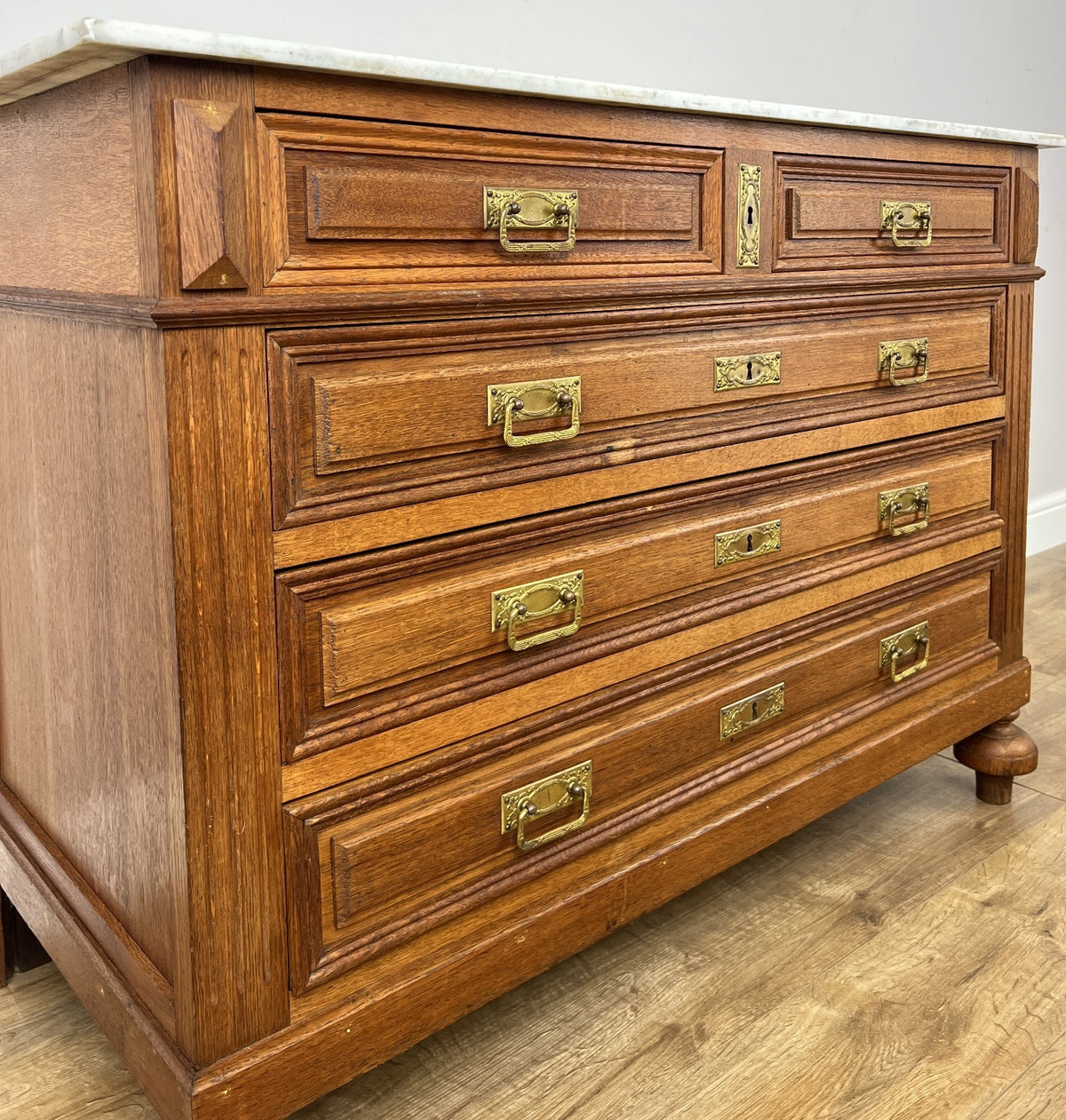Chest of Drawers Antique French Style Oak Marble Top Carved Cabinet LOT 64487