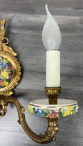 Pair of Wall Lights Vintage Spanish Porcelain Brass Floral Sconces LOT 44147