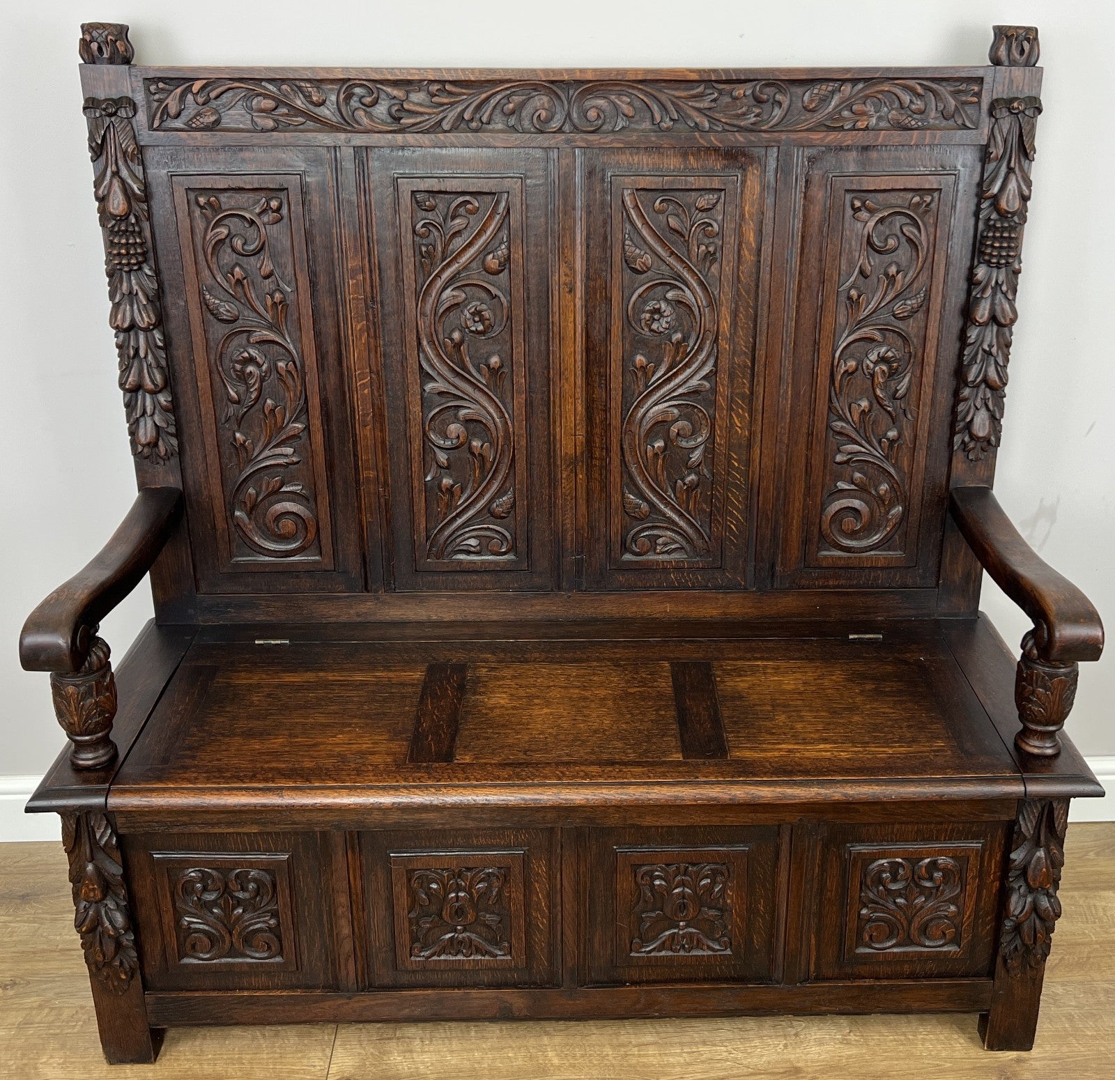 Monks Bench Antique French Style Oak Storage Hall Seat Coffee Bench LOT 62980