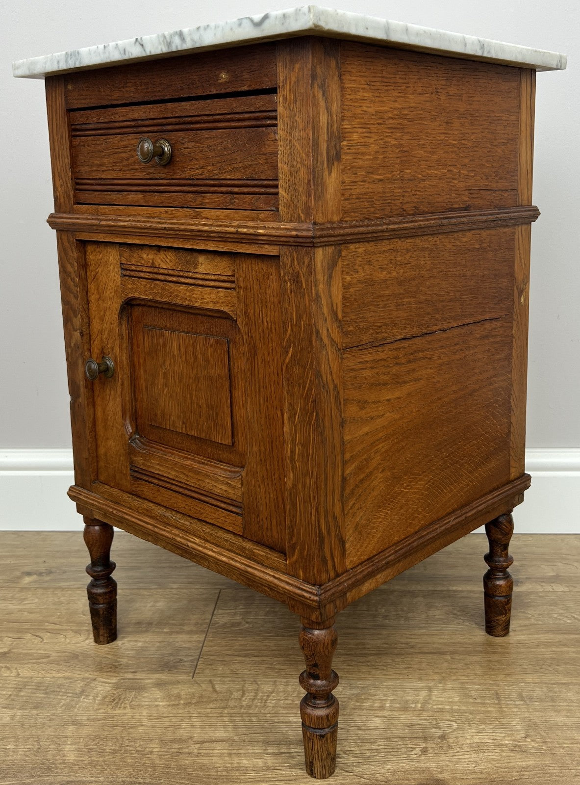 Bedside Table Antique French Style Marble Top Oak Cabinet Nightstand LOT 62352