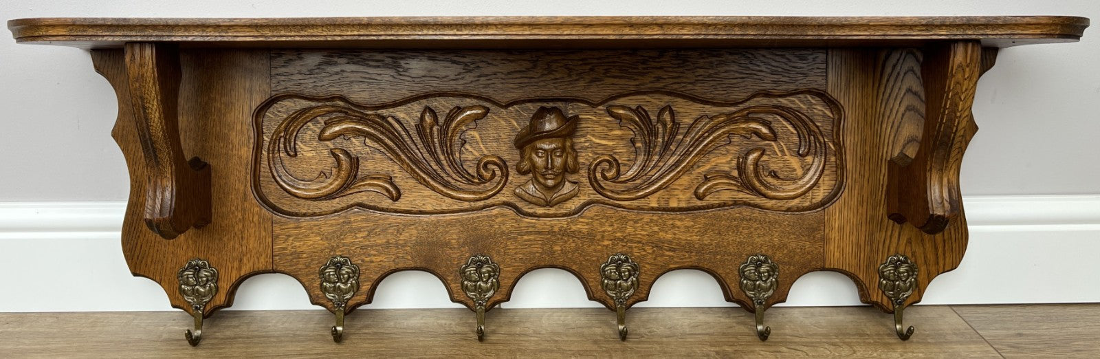 Coat Rack Vintage French Oak Wall Mounted 6 Hooks Carved Rack Hanger LOT 62022