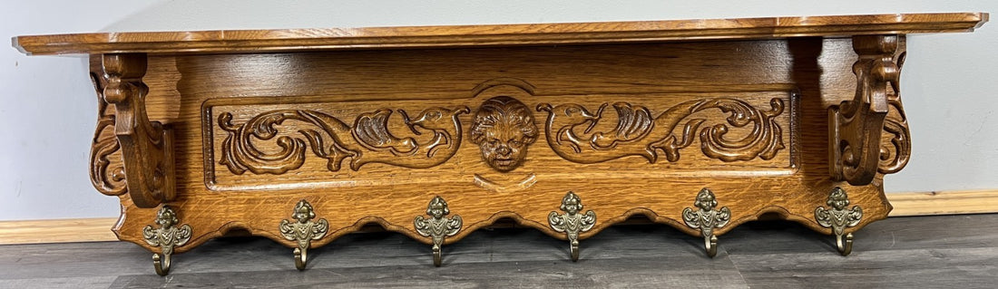 French Vintage Style Coat Rack Oak 6 Hooks Ornate Wall Shelf Coat LOT 46940