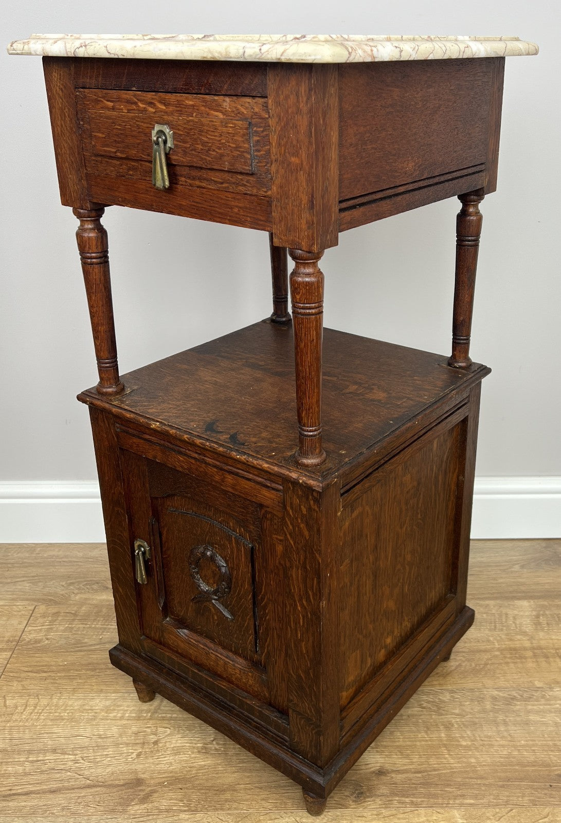 Pair of Bedside Tables Antique French Marble Top Carved Oak Cabinets LOT 49188