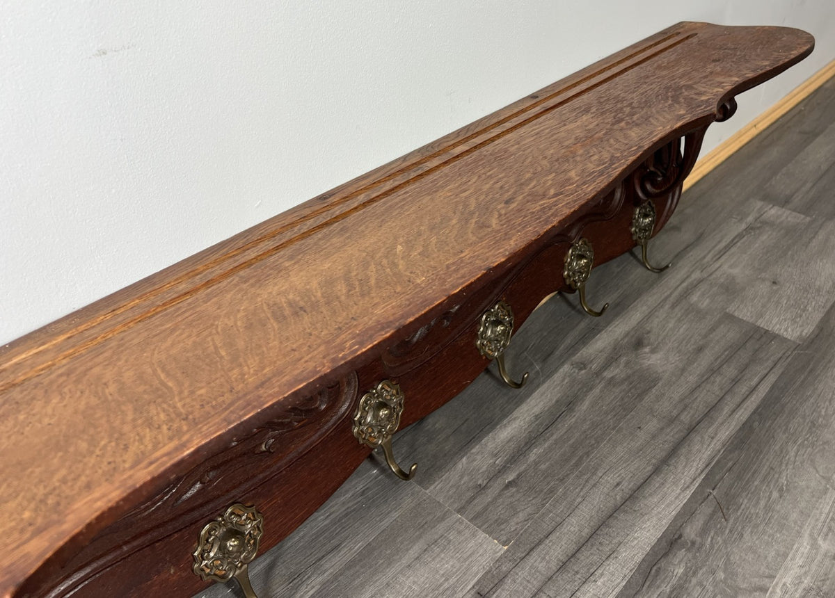 French Vintage Coat Rack Oak 7 Hooks Ornate Wall Shelf Carved Coat LOT 3885