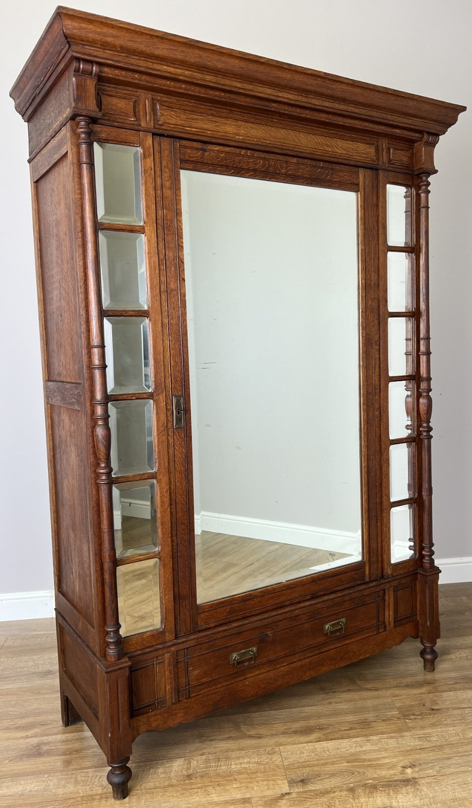 Wardrobe Antique French Style Oak Mirrored Door Carved Armoire LOT 6539
