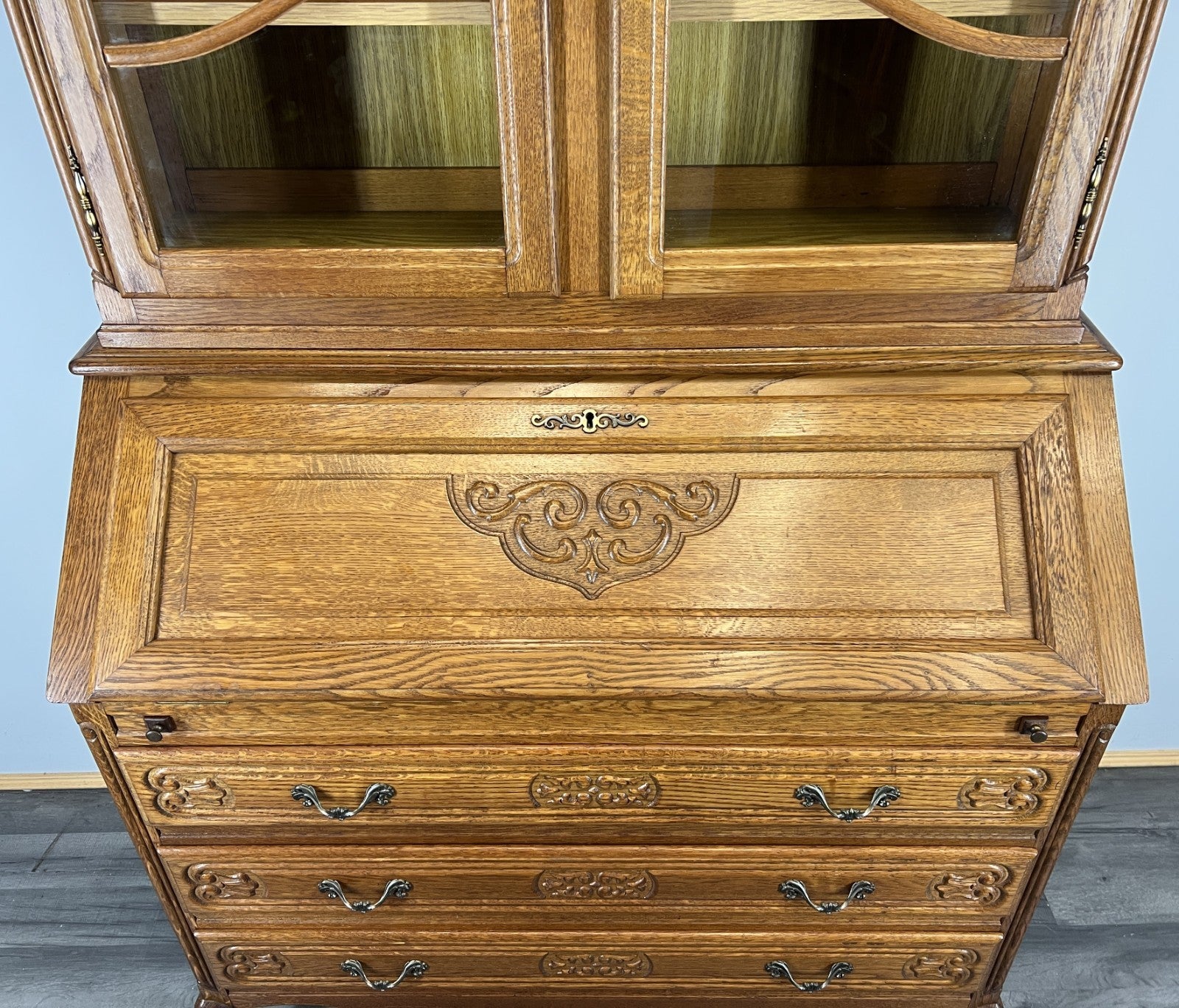 Secretaire Bookcase Vintage French Louis XIV Style Oak Bureaux Cabinet LOT 45125