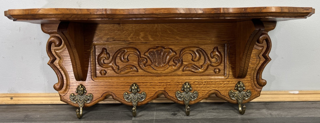 French Vintage Style Coat Rack Oak 4 Hooks Ornate Wall Shelf Coat LOT 47260