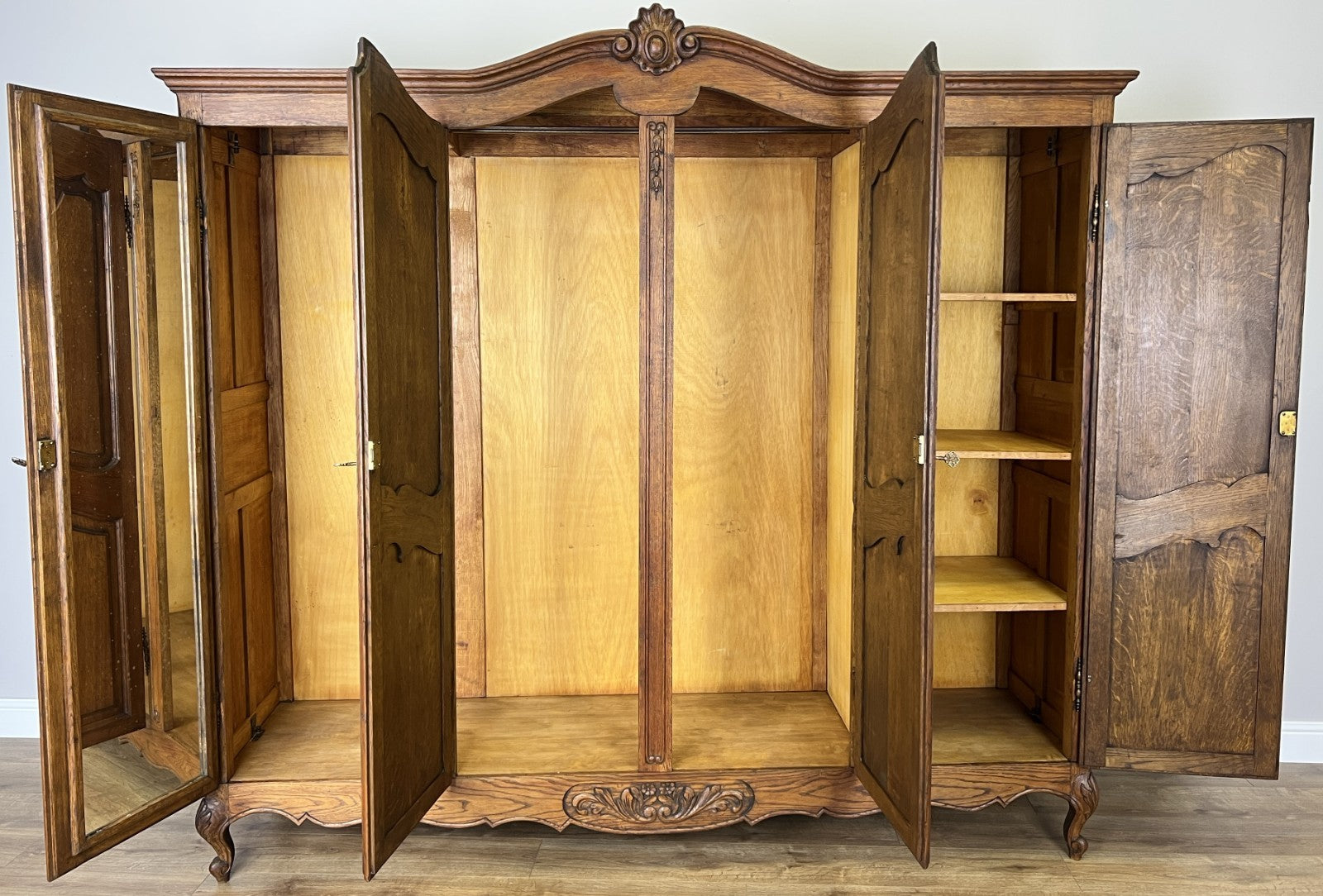 Wardrobe Vintage French Louis XVI Style Oak Four Door Mirrored  Armoire LOT 49019