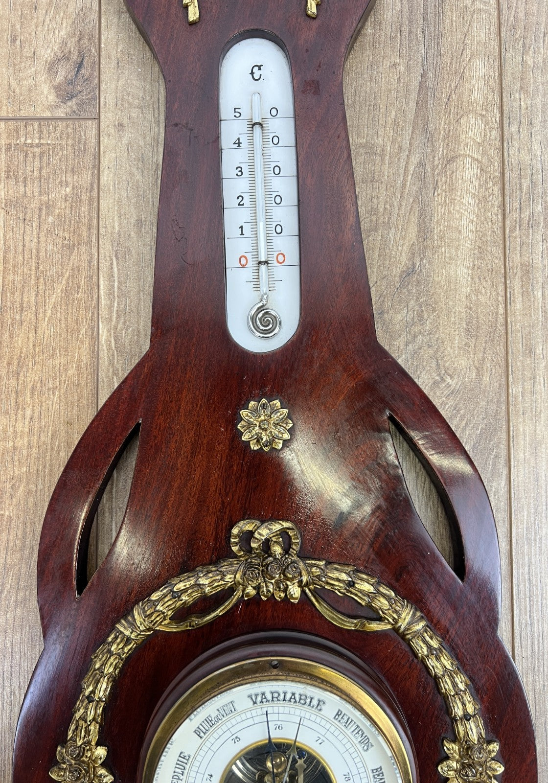 Barometer Vintage Brass Mahogany Wall Barometer Thermometer Hygrometer LOT 60864