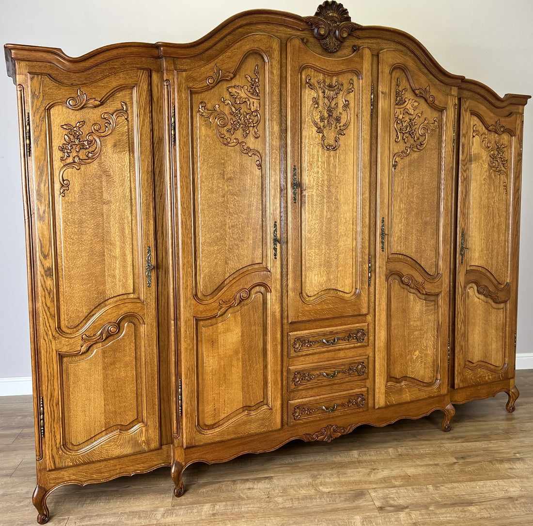 Wardrobe Vintage French Louis XVI Style Five Door Oak Carved Armoire LOT 61250