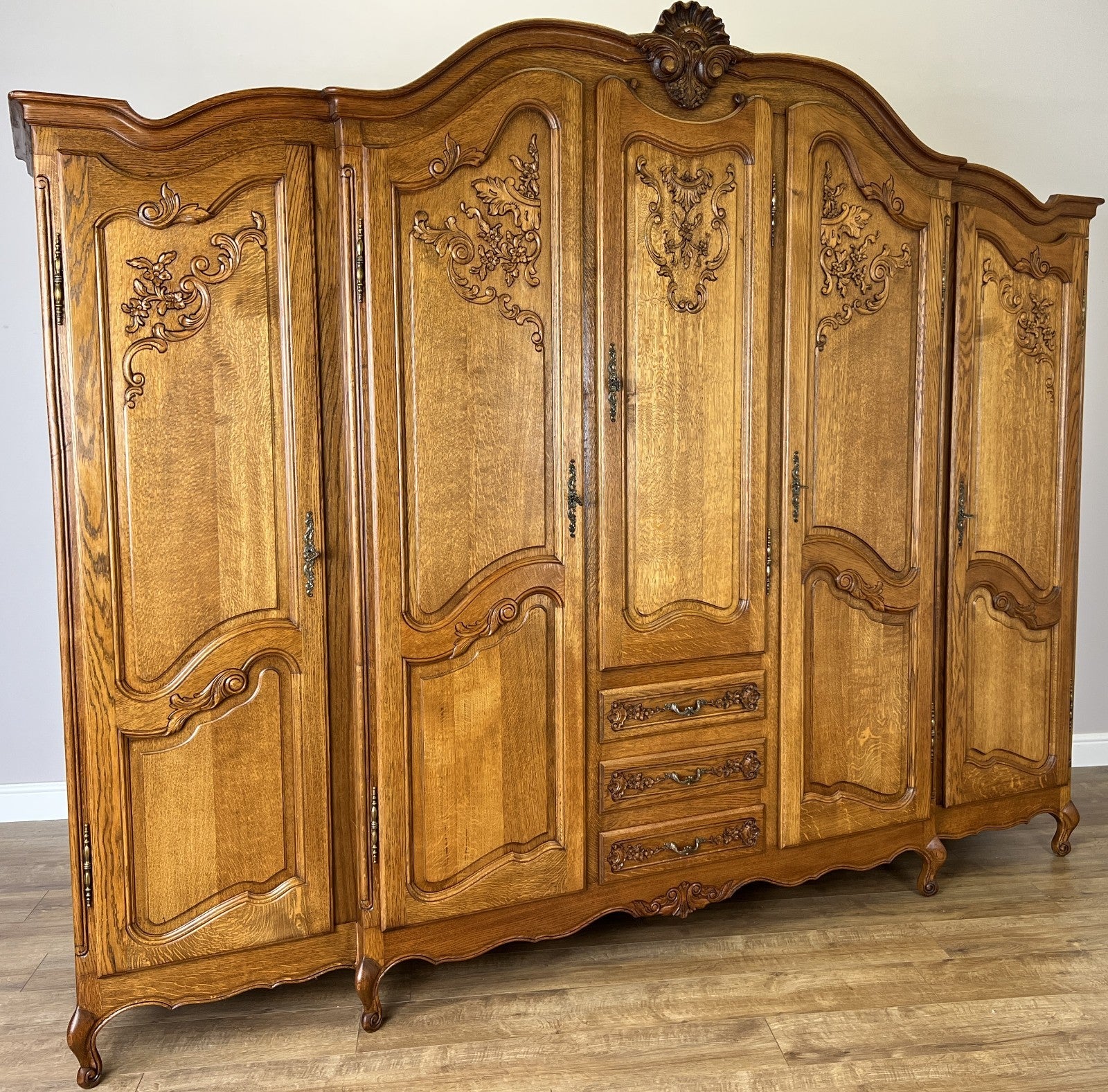 Wardrobe Vintage French Louis XVI Style Five Door Oak Carved Armoire LOT 61250