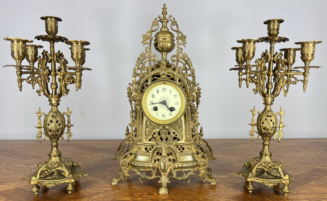 Mantel Clock Vintage French Style Architectural Brass Garniture Set LOT 46450
