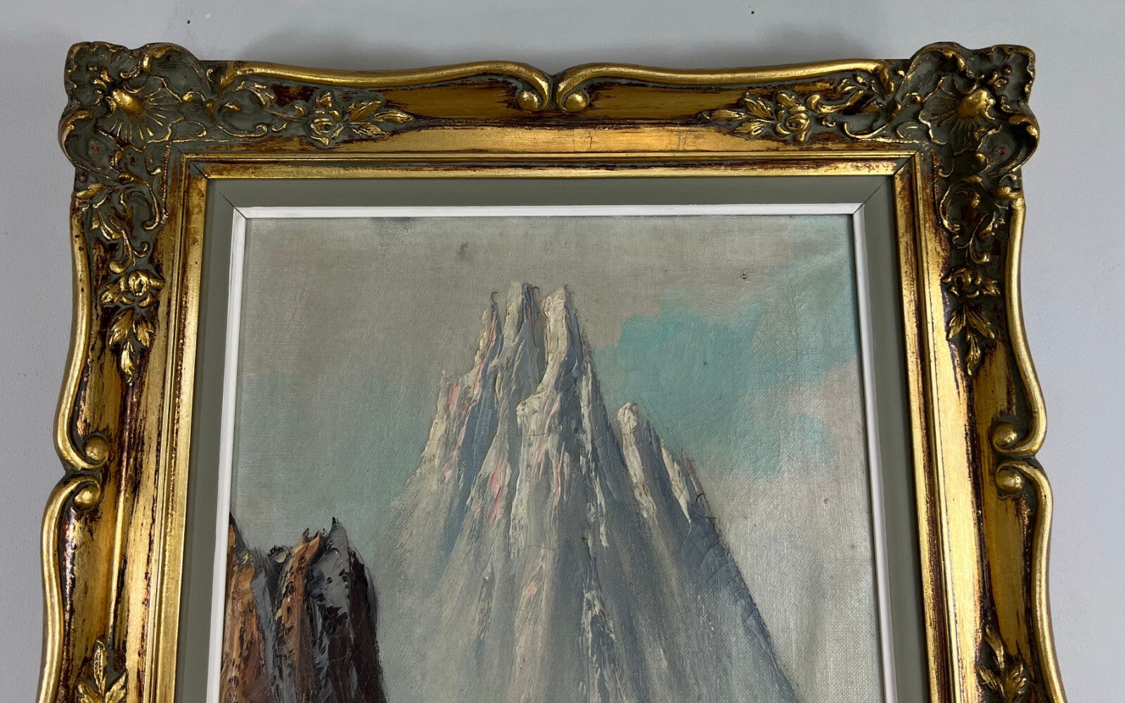 Painting Vintage Oil Landscape Mountain Deer Signed Framed Carved LOT 51133