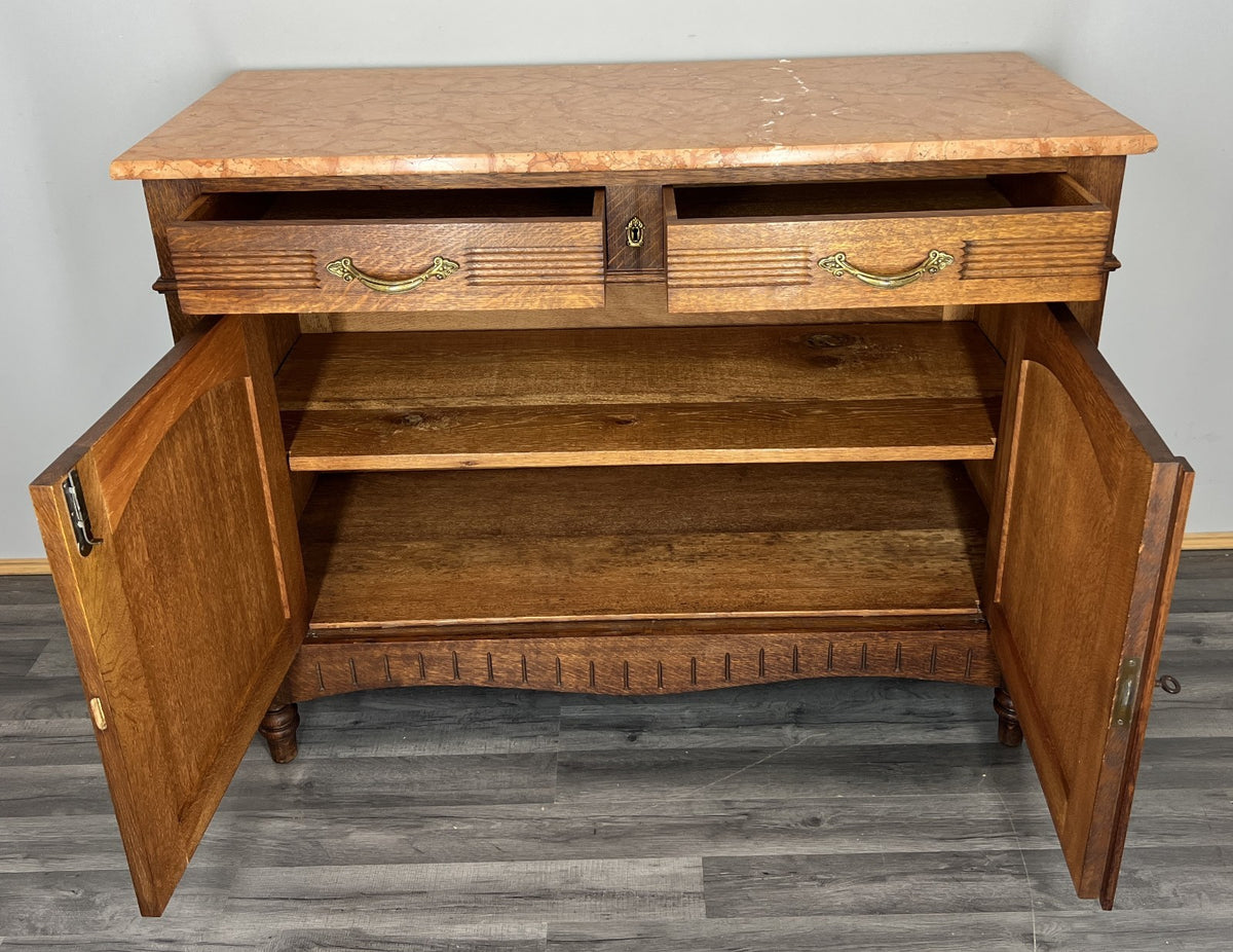 Cabinet Antique French Marble Top Oak Carved with Drawers Sideboard LOT 4070