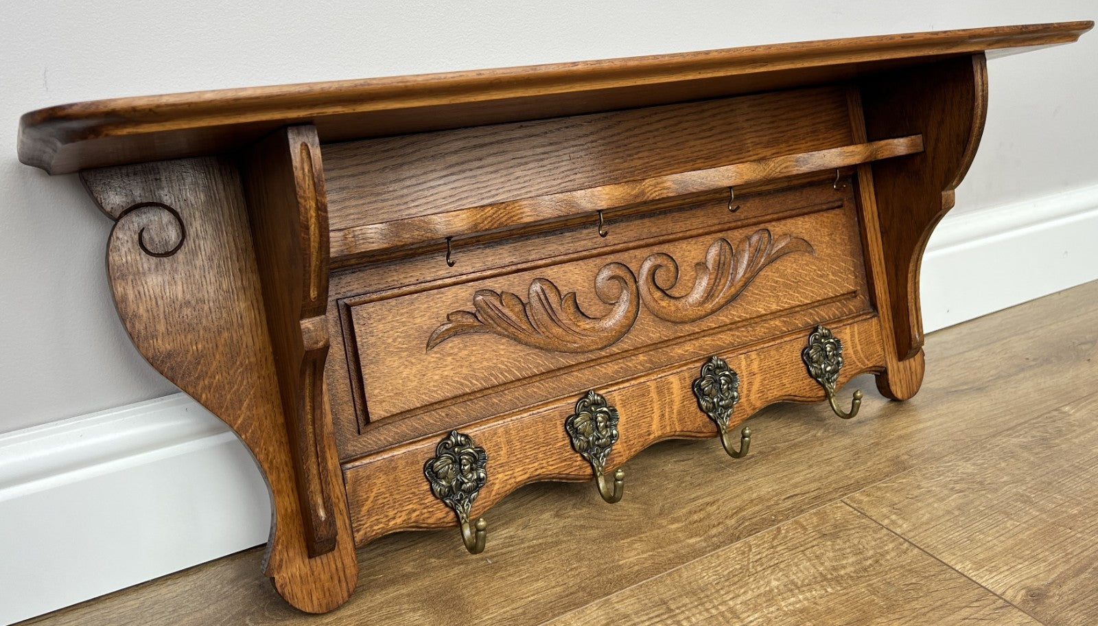 French Vintage Coat Rack Oak 4 Hooks Wall Shelf Carved Coat Hanger LOT 49073