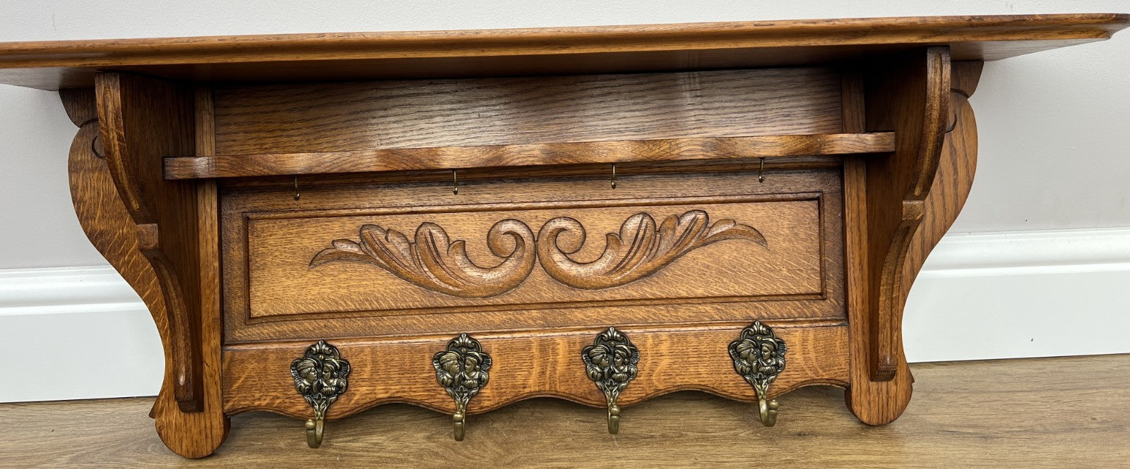 French Vintage Coat Rack Oak 4 Hooks Wall Shelf Carved Coat Hanger LOT 49075