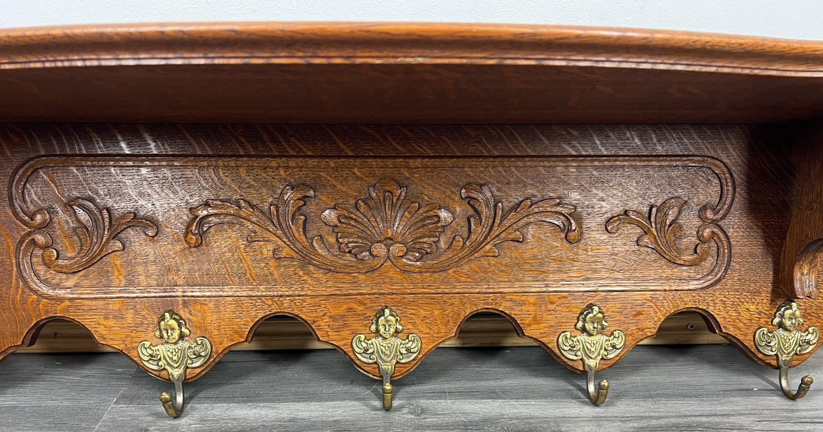 French Vintage Coat Rack Oak 5 Hooks Wall Shelf Carved Coat Hanger LOT 44352