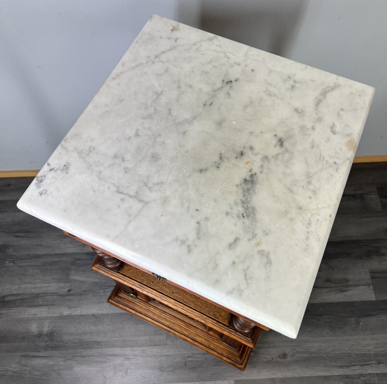 Pair of Bedside Tables Antique French Marble Top Oak Cabinets Carved LOT 43298