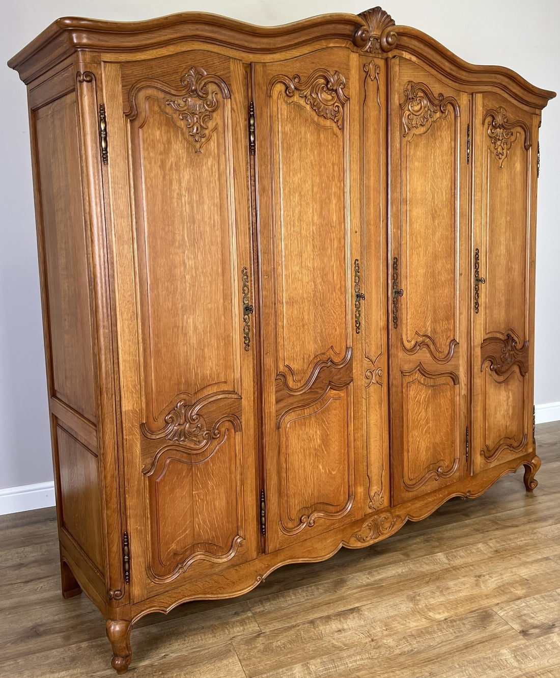 Wardrobe Vintage French Louis XVI Style Oak Four Door Armoire LOT 48570