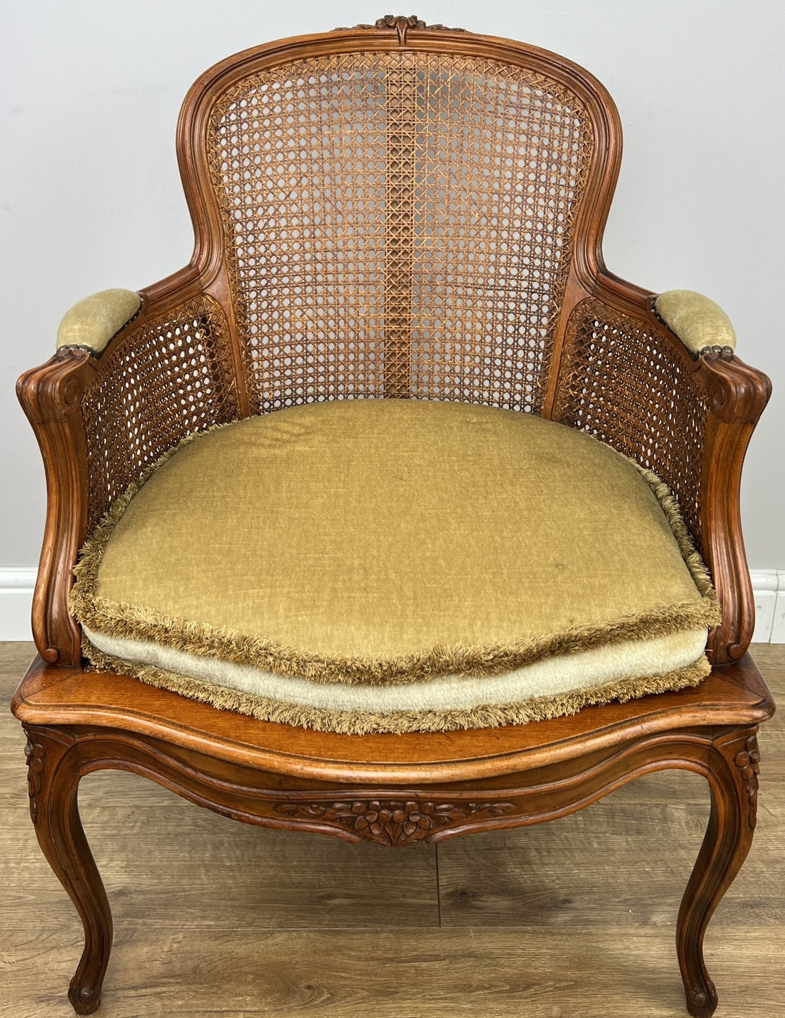 Armchair Vintage French Style Cane Upholstered Accent Carved Chair LOT 63110