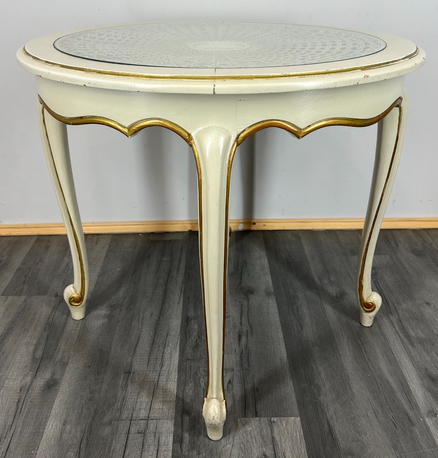 Coffee Table Vintage French Louis XIV Shabby Chic Round Glass Top LOT 32822