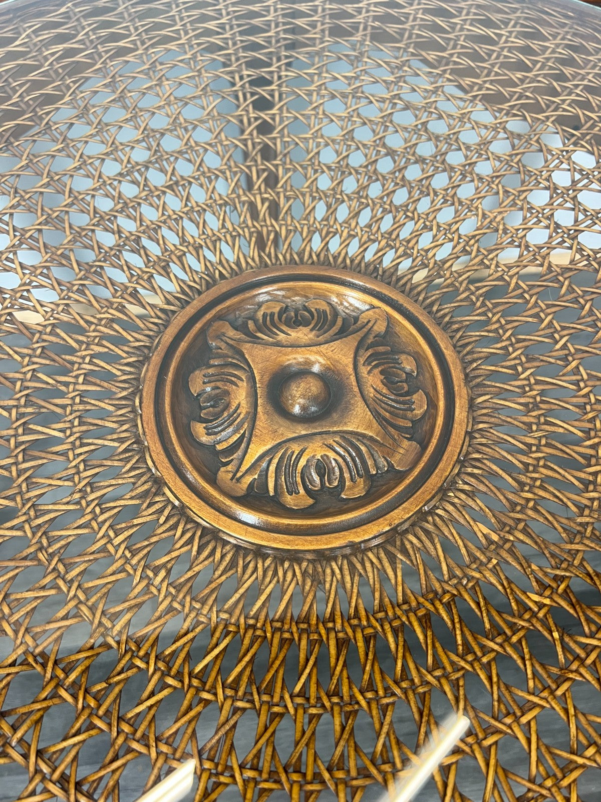 Coffee Table Vintage French Louis XIV Glass Top Ornate Cane Round Table LOT 39418